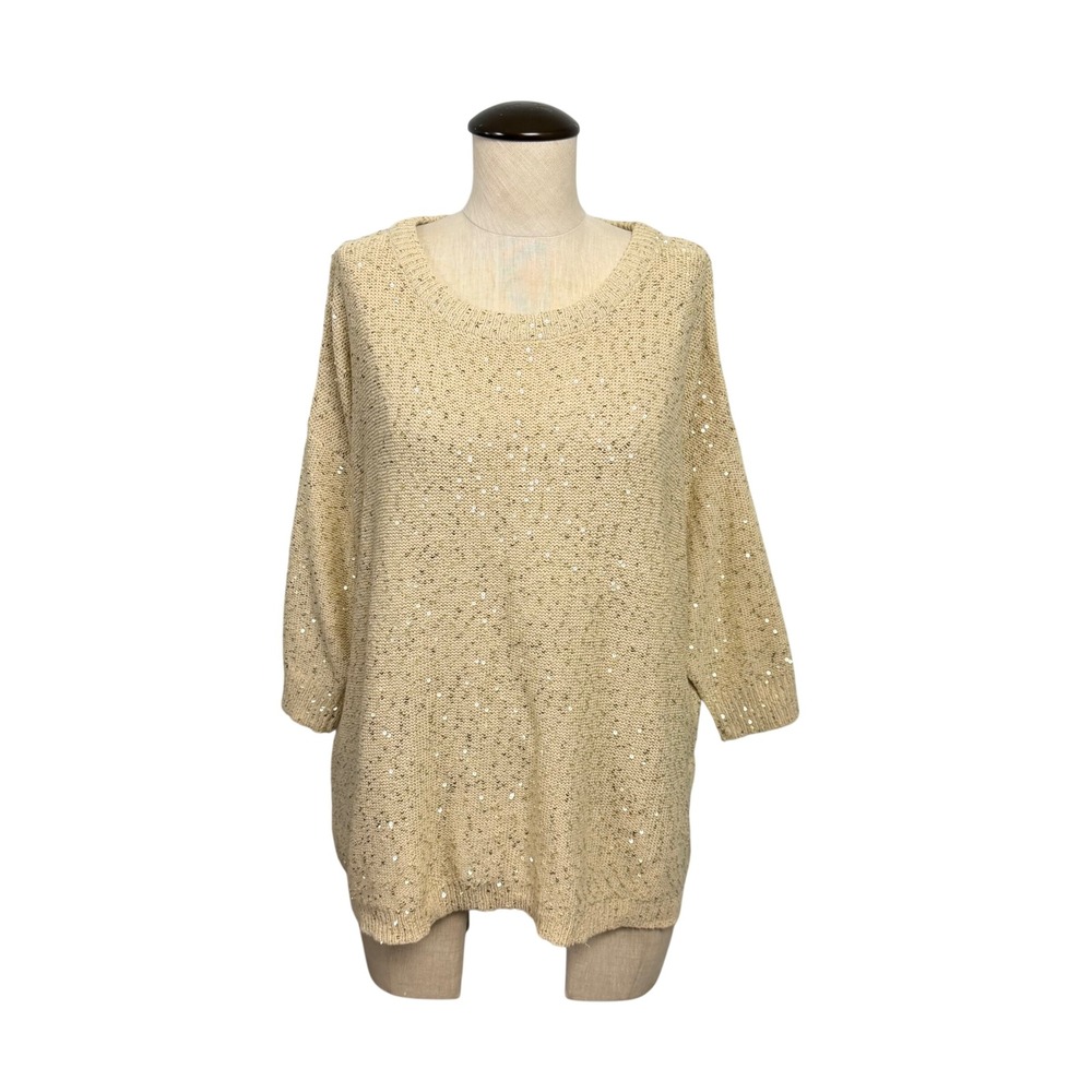 NEW Mango MNG Women Beige Gold Sequin Knit Oversized Lightweight Sweater Size M
